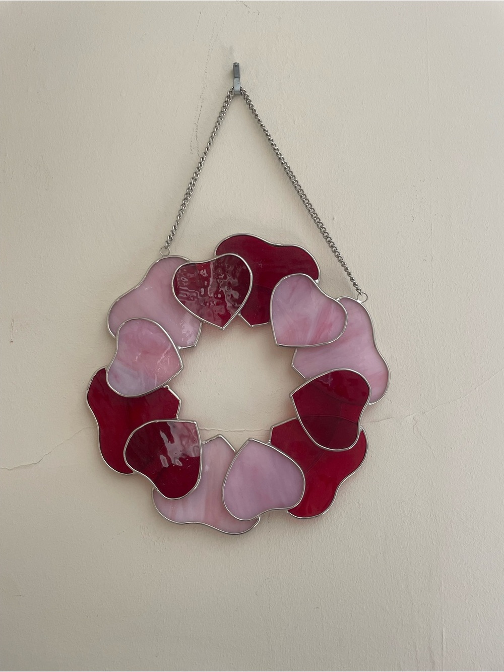 VTG Stained Glass Heart Wreath, Pink and Red Hearts, Silver Chain for Hanging